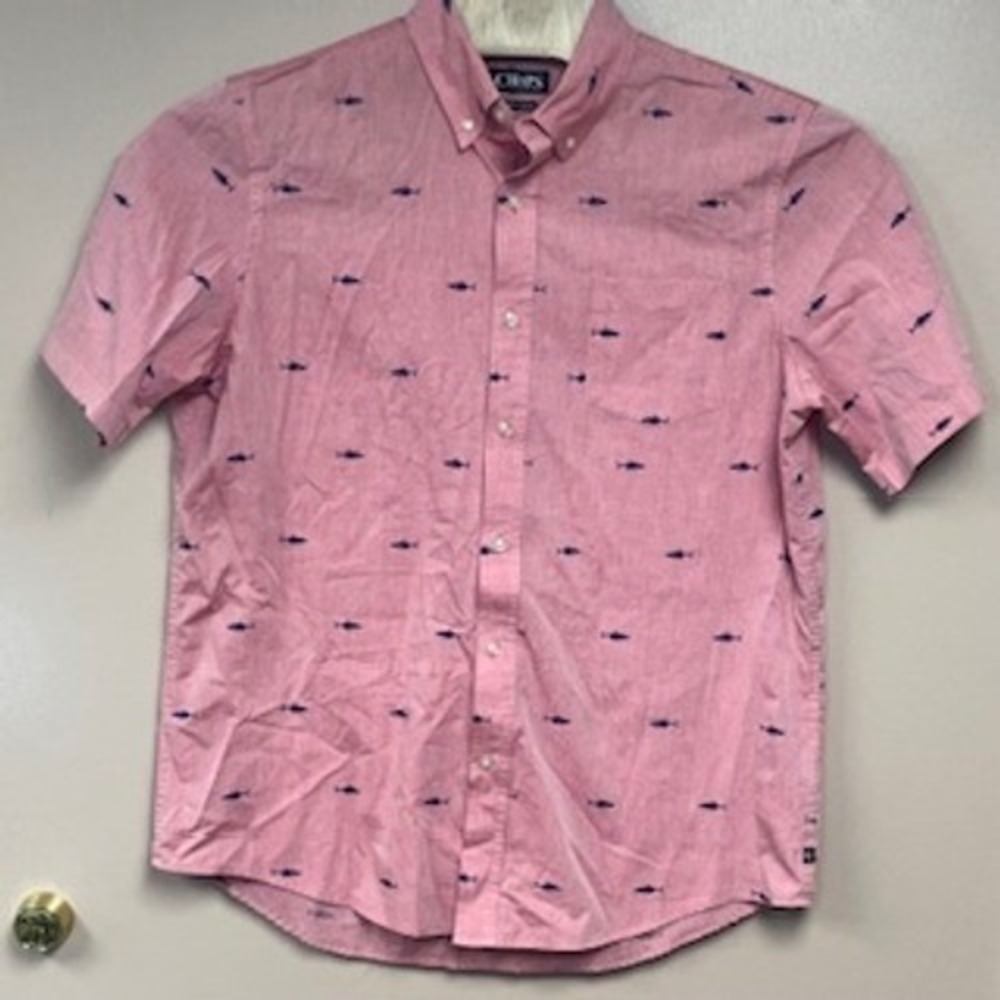 Chaps Mens Pink‎ Shark Print Short Sleeve Button Up Shirt Size L